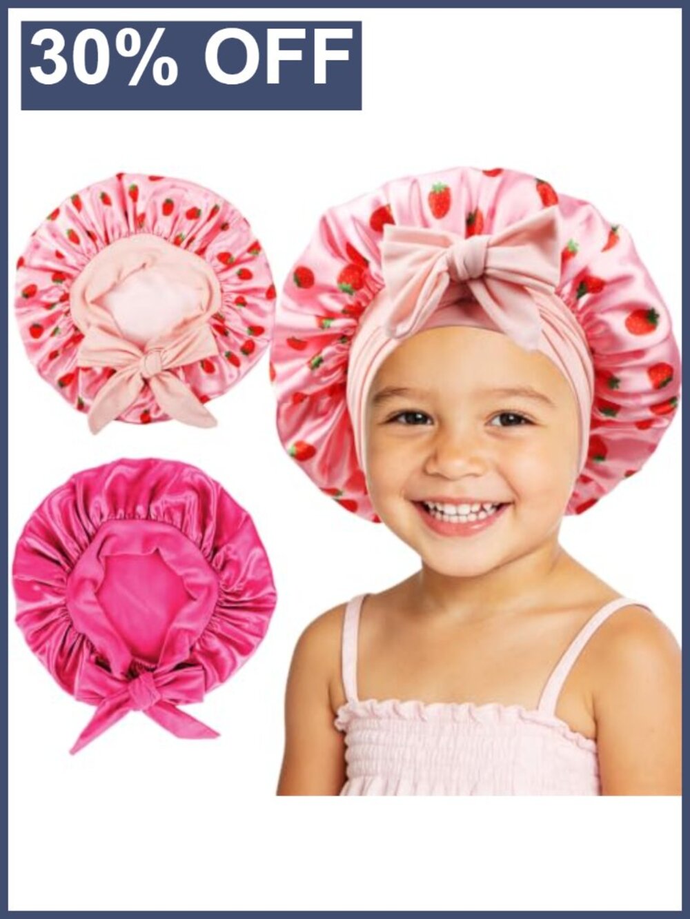 2 Pk Kids Satin Hair Bonnets Non Slip Tie Band Sleeping Caps